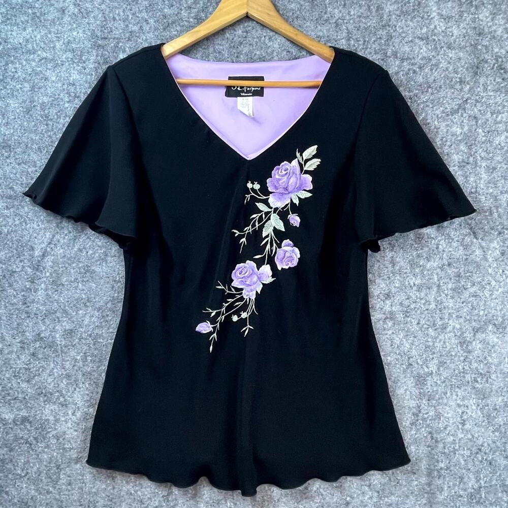 Vintage S.L. Fashions Blouse Womens 16W Black Purple Elegant Career‎ Chic Flowy